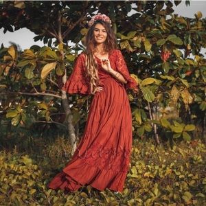 Lunette Lace trim Kaftan Pullover Dress Engagement Vacation Boho Maxi Dress